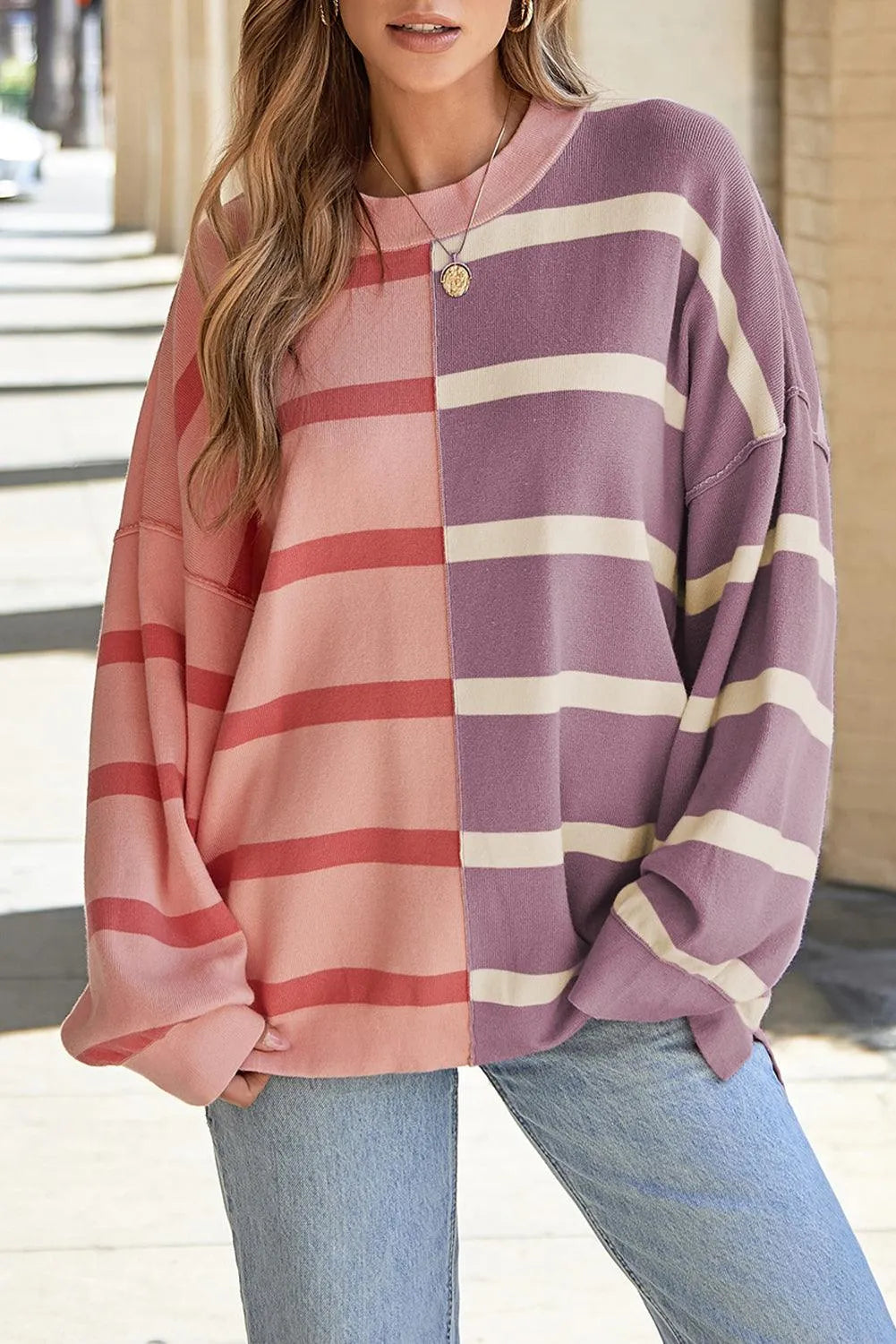 Striped Round Neck Long Sleeve Knit Top - 6i6