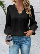 V-Neck Lace Detail Flounce Sleeve Blouse - 6i6