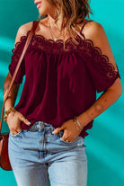 Spaghetti Strap Cold-Shoulder Lace Trim Blouse - 6i6