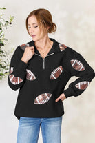 Full Size Sequin Football Half Zip Long Sleeve Sweatshirt - 6i6