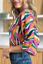 Double Take Full Size Geometric Notched Dolman Sleeve Top - 6i6