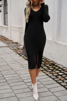 Slit V-Neck Long Sleeve Midi Dress - 6i6