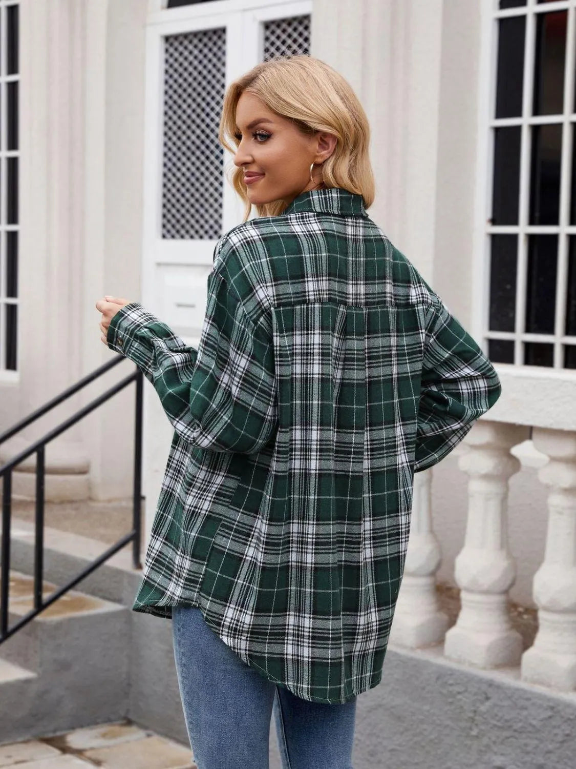 Pocketed Plaid Collared Neck Long Sleeve Shirt - 6i6