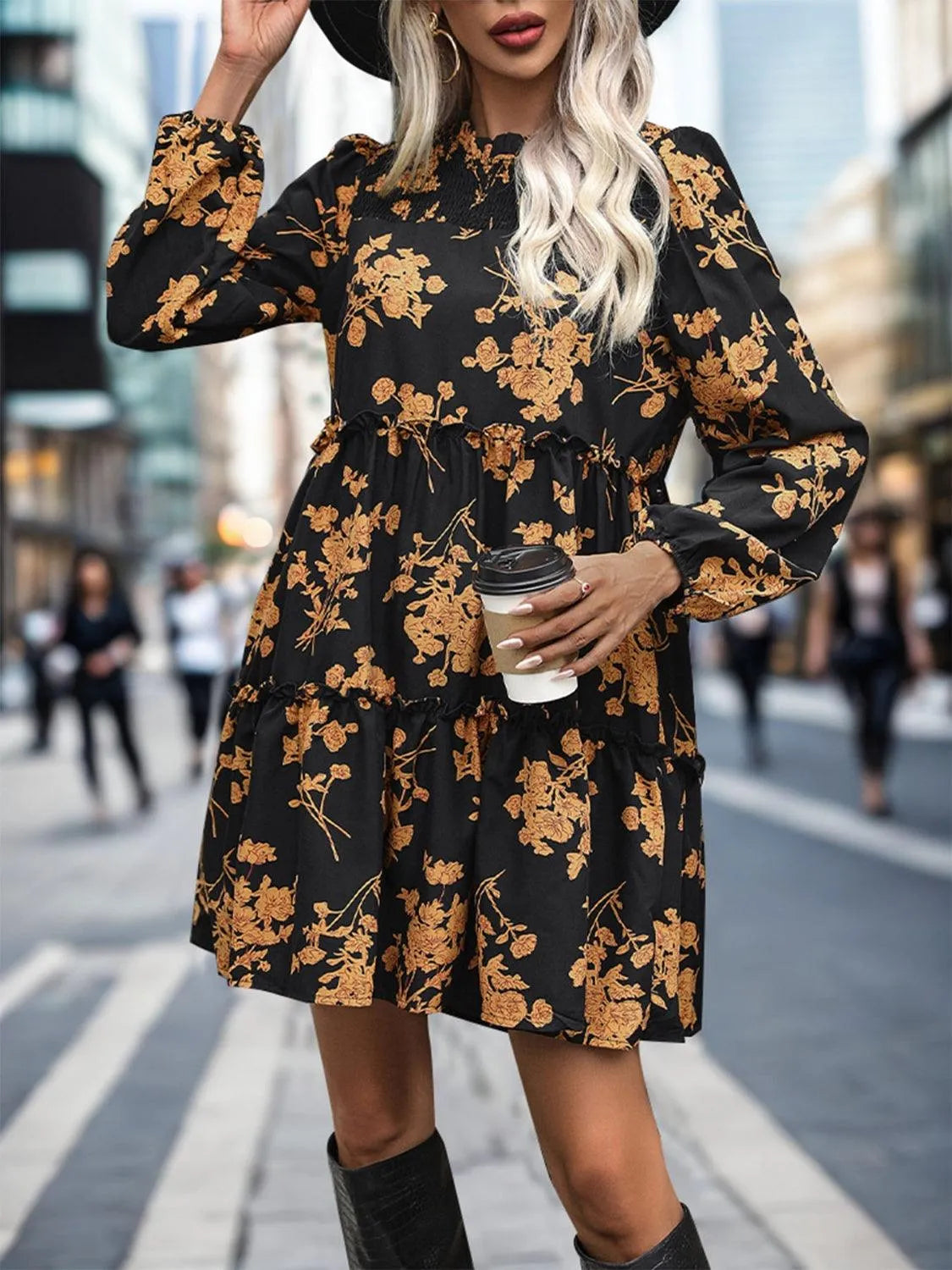 Frill Printed Long Sleeve Mini Dress - 6i6