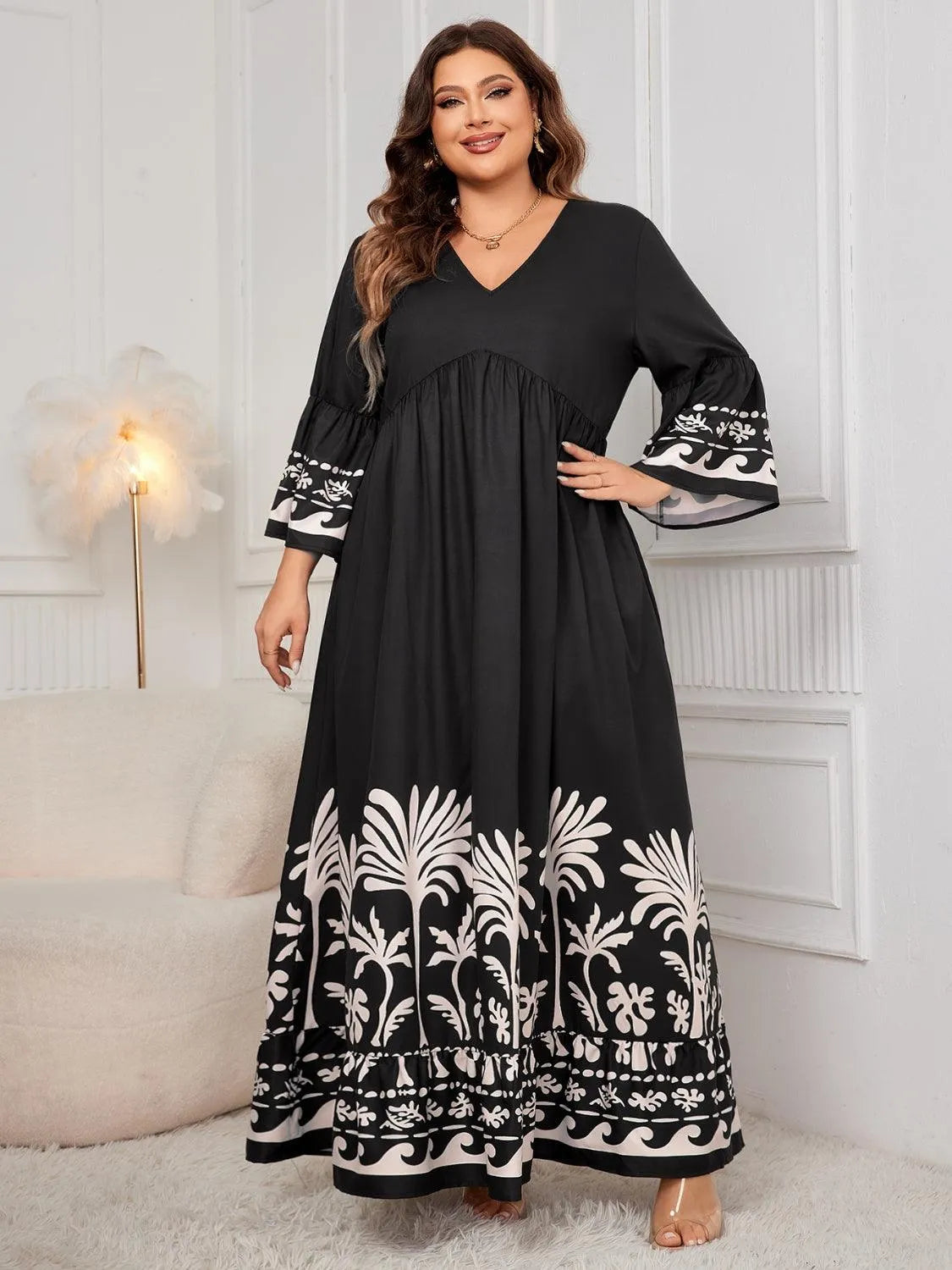 Plus Size Printed V-Neck Long Sleeve Maxi Dress - 6i6