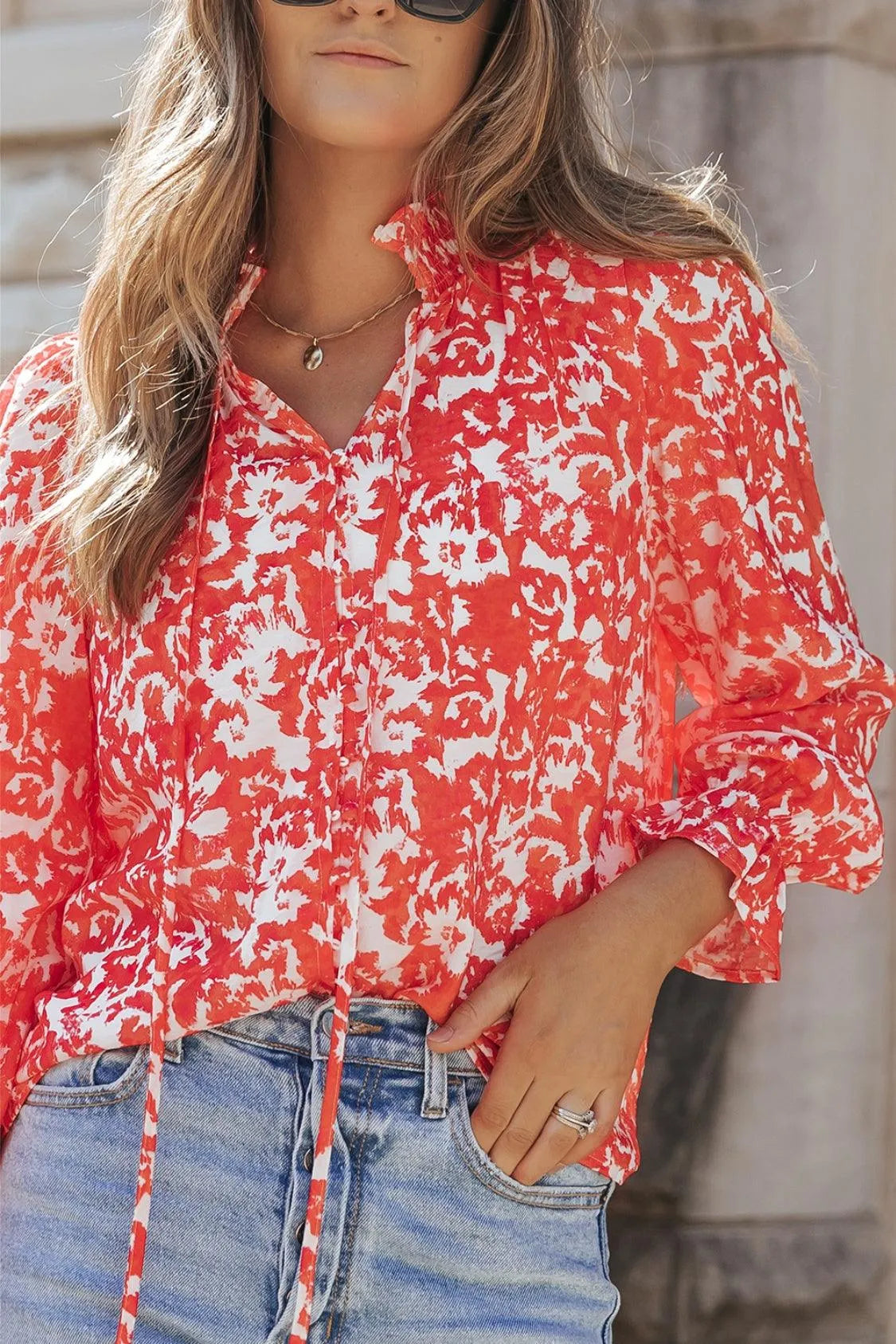 Printed Tie Neck Flounce Sleeve Blouse - 6i6