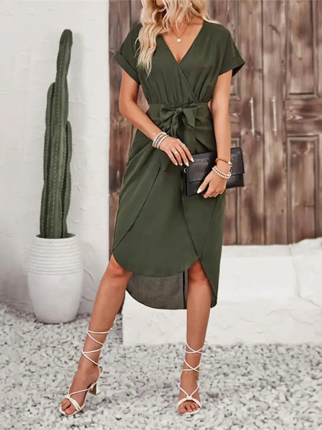 Tied Surplice Short Sleeve Dress - 6i6