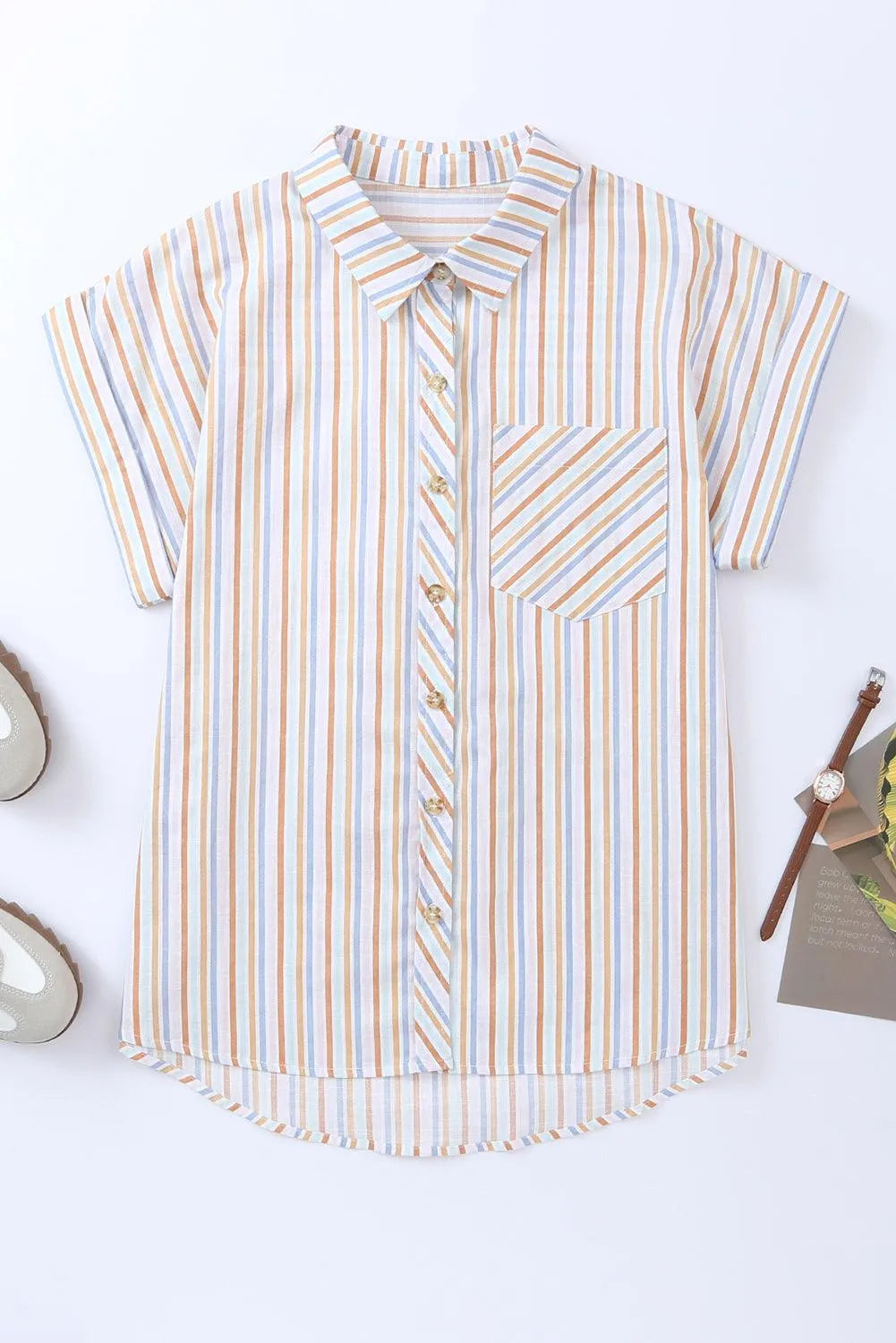 Pocketed Striped Collared Neck Short Sleeve Shirt - 6i6