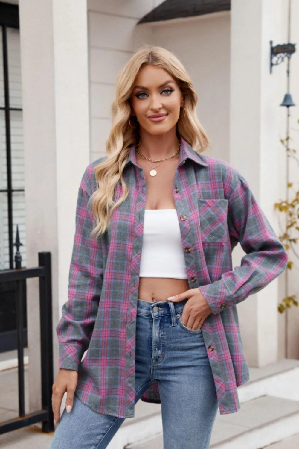 Pocketed Plaid Collared Neck Long Sleeve Shirt - 6i6