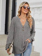 Ribbed Notched Long Sleeve T-Shirt - 6i6