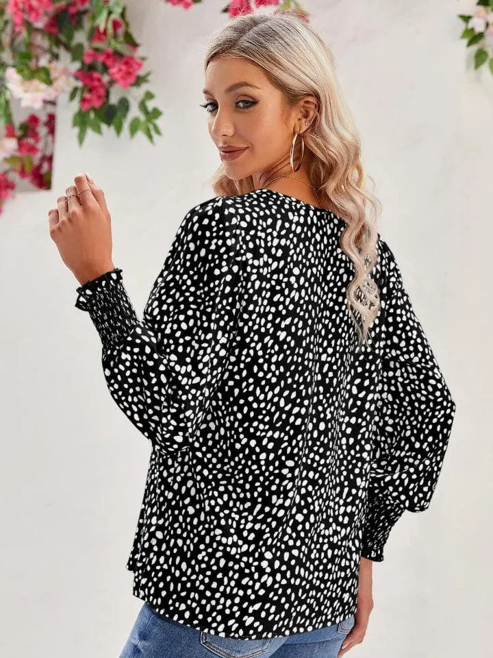 Printed V-Neck Lantern Sleeve Blouse - 6i6