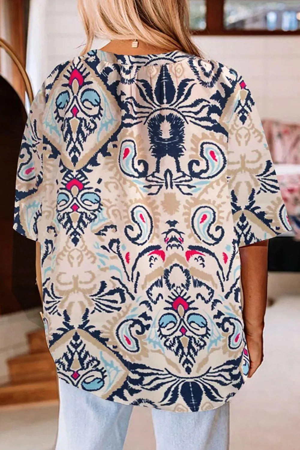 Printed Notched Half Sleeve Blouse - 6i6