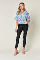 Double Take Full Size Printed V-Neck Short Sleeve Blouse - 6i6