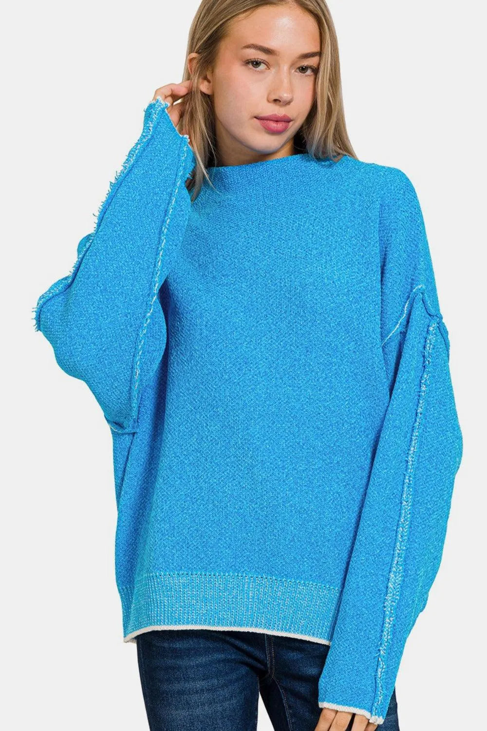 Zenana Exposed Seam Mock Neck Long Sleeve Sweater - 6i6