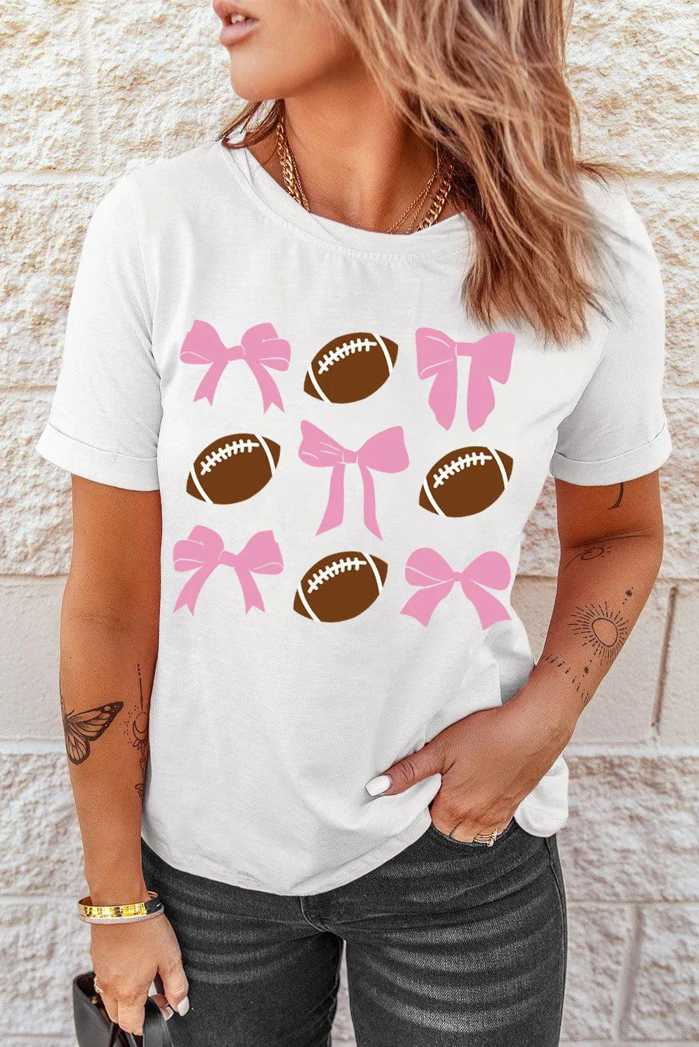 Football & Bow Round Neck Short Sleeve T-Shirt - 6i6