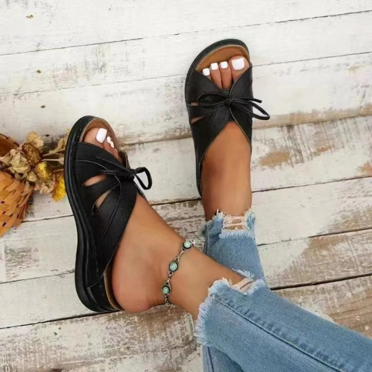 Tied Open Toe Low Heel Sandals - 6i6