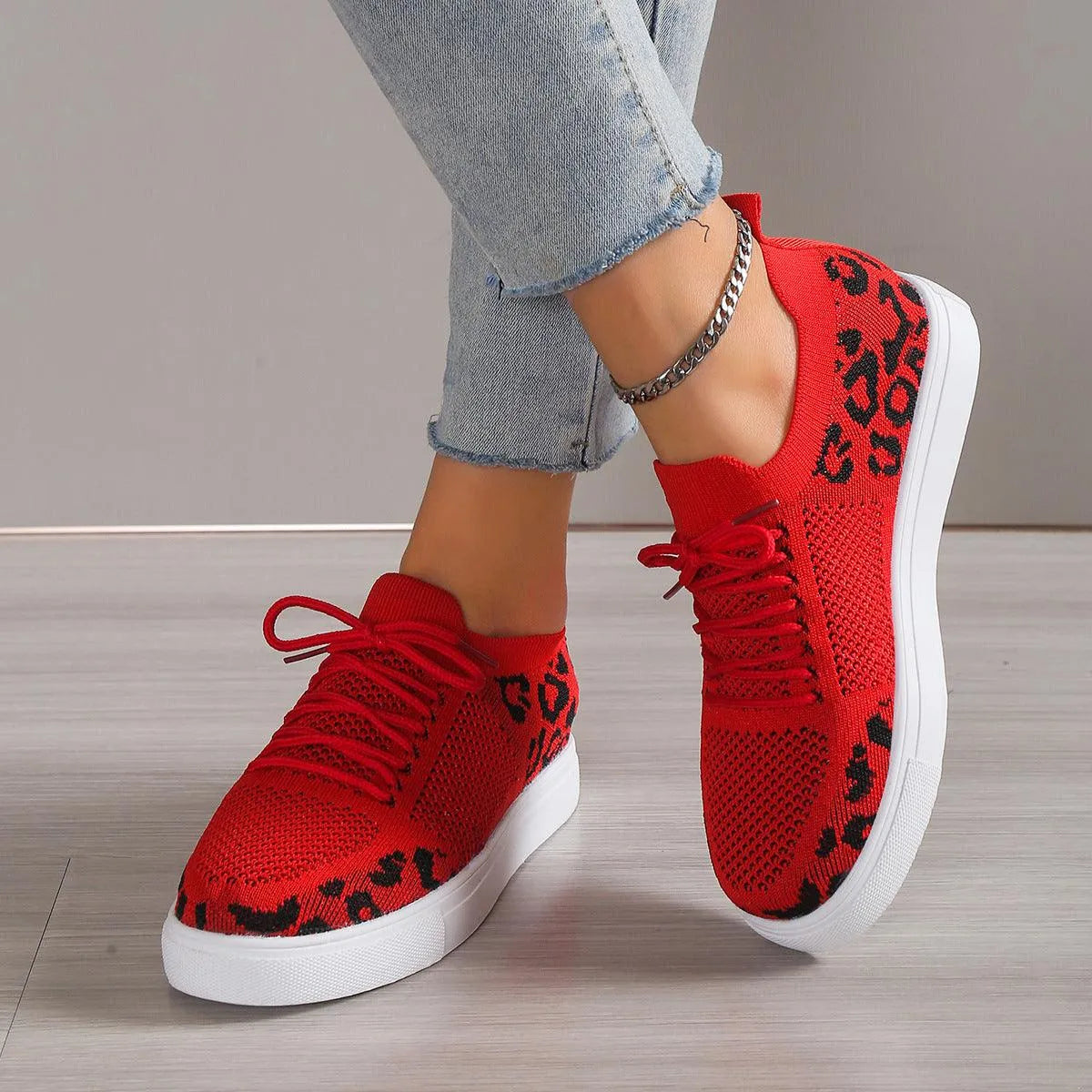 Lace-Up Leopard Flat Sneakers - 6i6