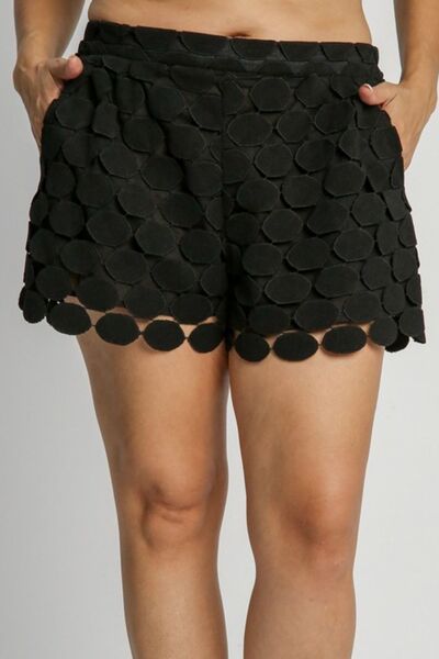 Umgee Full-Size Polka Dot Lace Shorts in plus size for women from 6i6.com, perfect for stylish summer outfits or casual wear.