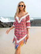 Fringe V-Neck Half Sleeve Cover-Up - 6i6