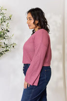 Culture Code Full Size Waffle-Knit Round Neck Long Sleeve Blouse - 6i6