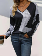 Color Block V-Neck Long Sleeve T-Shirt - 6i6