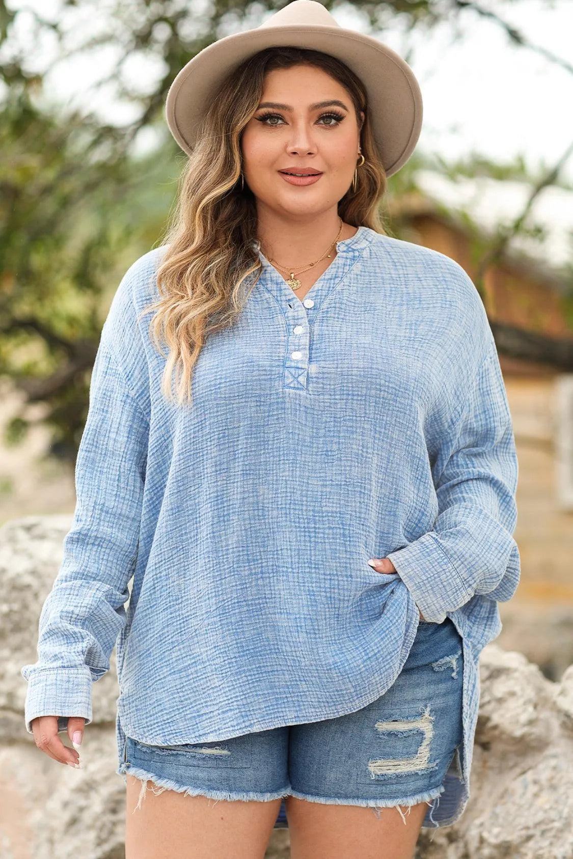 Plus Size Half Button Long Sleeve Blouse - 6i6