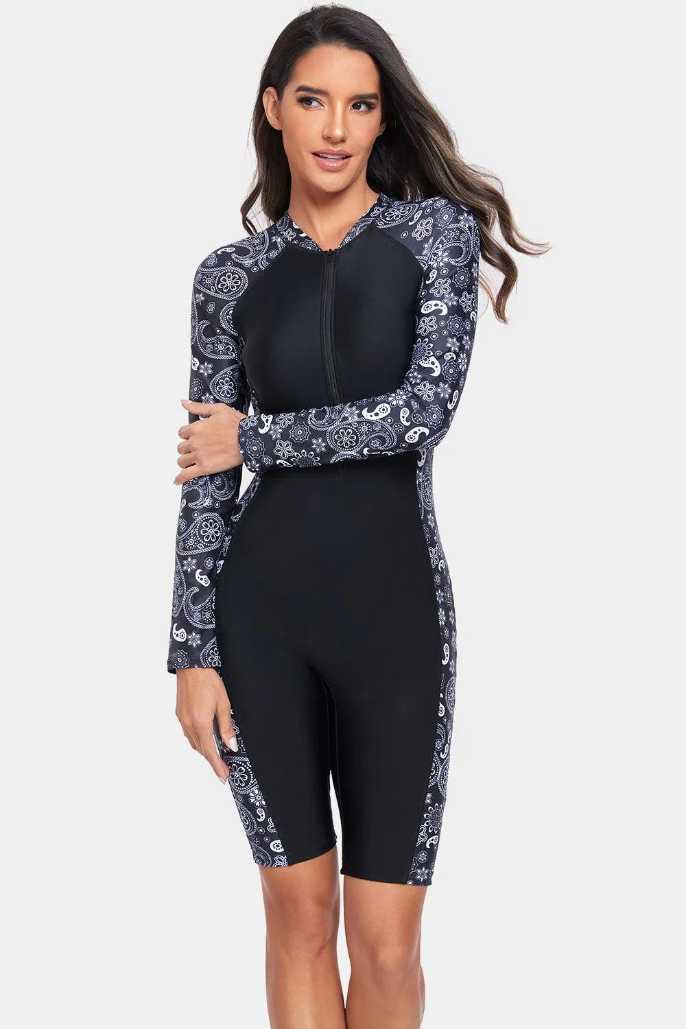 Printed Half Zip Long Sleeve One-Piece Swimwear - 6i6