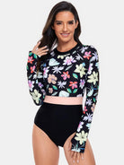 Flower Round Neck Long Sleeve One-Piece Swimwear - 6i6