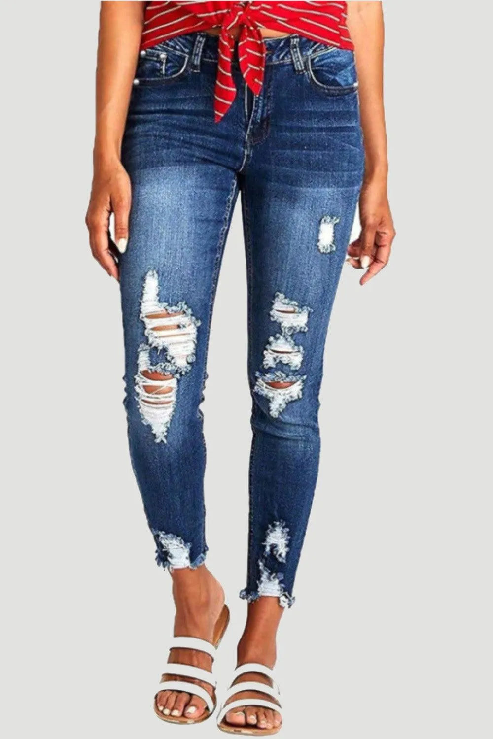 Distressed Raw Hem Jeans with Pockets - 6i6