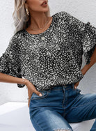 Leopard Round Neck Frill Trim Blouse - 6i6