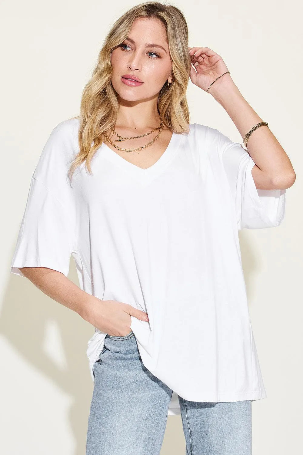 Basic Bae Full Size Bamboo V-Neck Drop Shoulder T-Shirt - 6i6