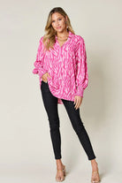 Double Take Full Size Printed Smocked Long Sleeve Blouse - 6i6