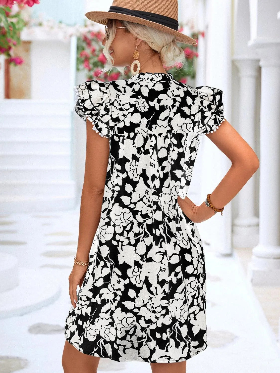 Floral Tie Neck Butterfly Sleeve Dress - 6i6