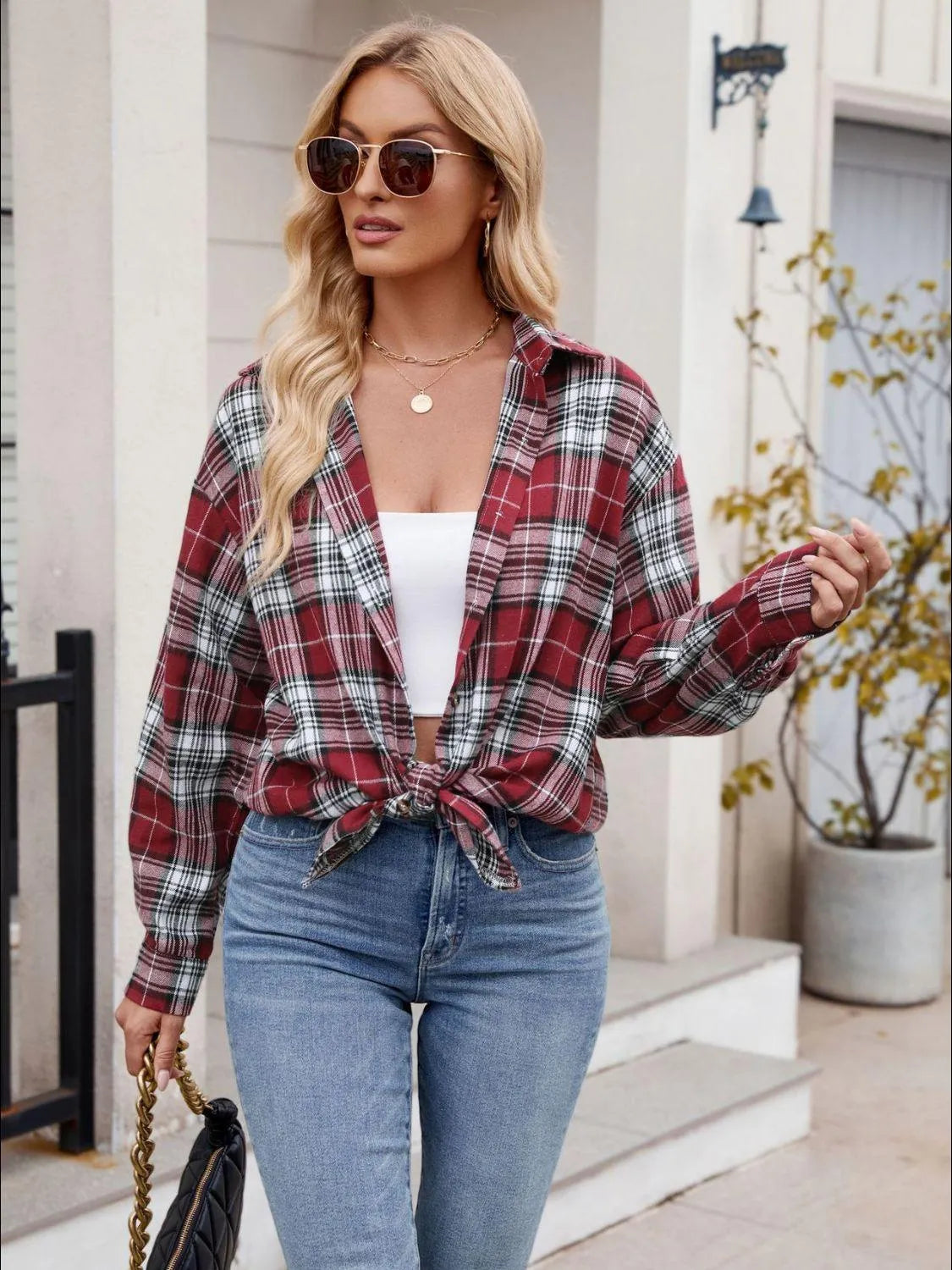 Pocketed Plaid Collared Neck Long Sleeve Shirt - 6i6