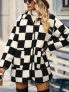 Double Take Full Size Checkered Button Front Coat with Pockets - 6i6