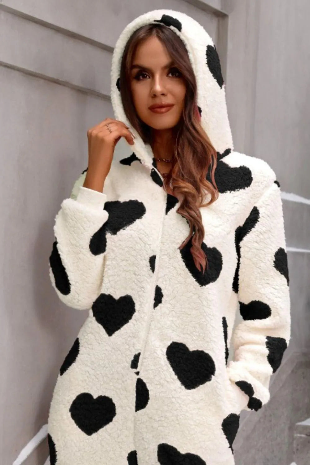 Fuzzy Heart Zip Up Hooded Lounge Jumpsuit - 6i6