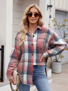 Pocketed Plaid Collared Neck Long Sleeve Shirt - 6i6