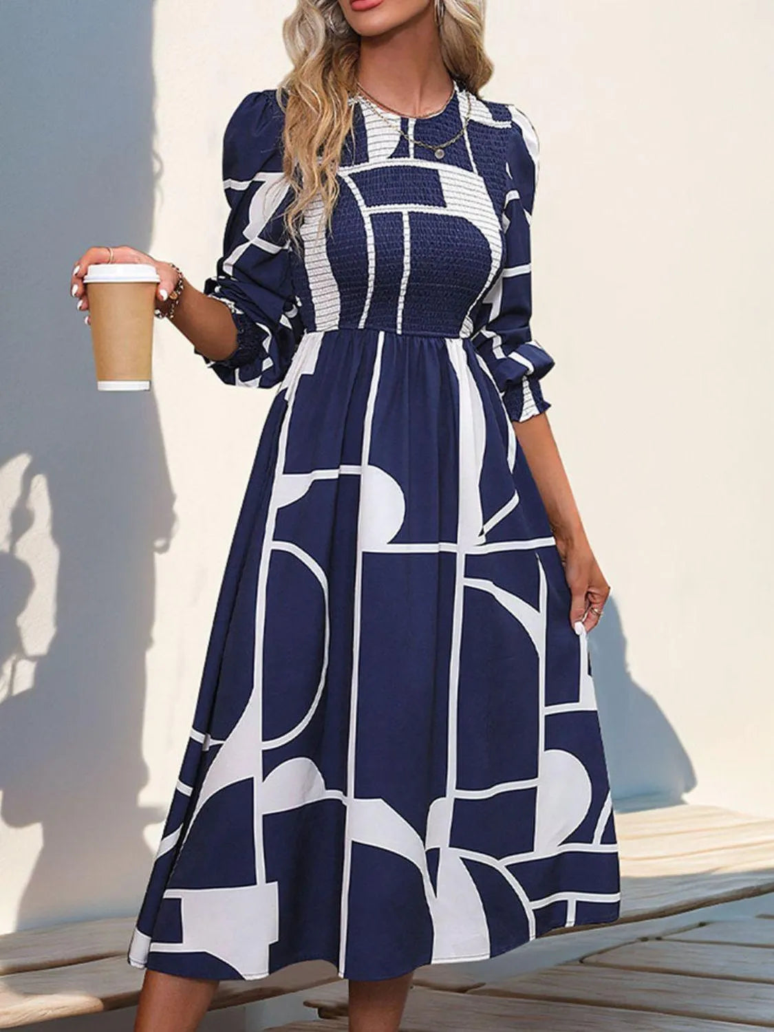 Smocked Color Block Long Sleeve Midi Dress - 6i6