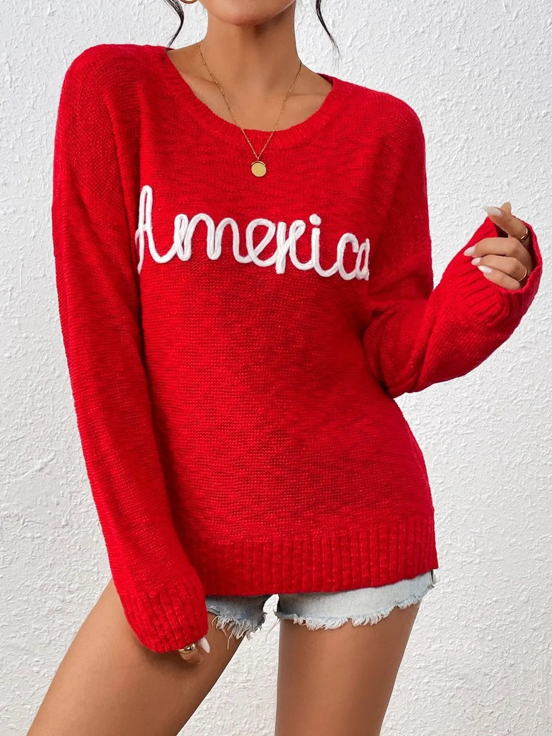 Letter Round Neck Long Sleeve Sweater - 6i6