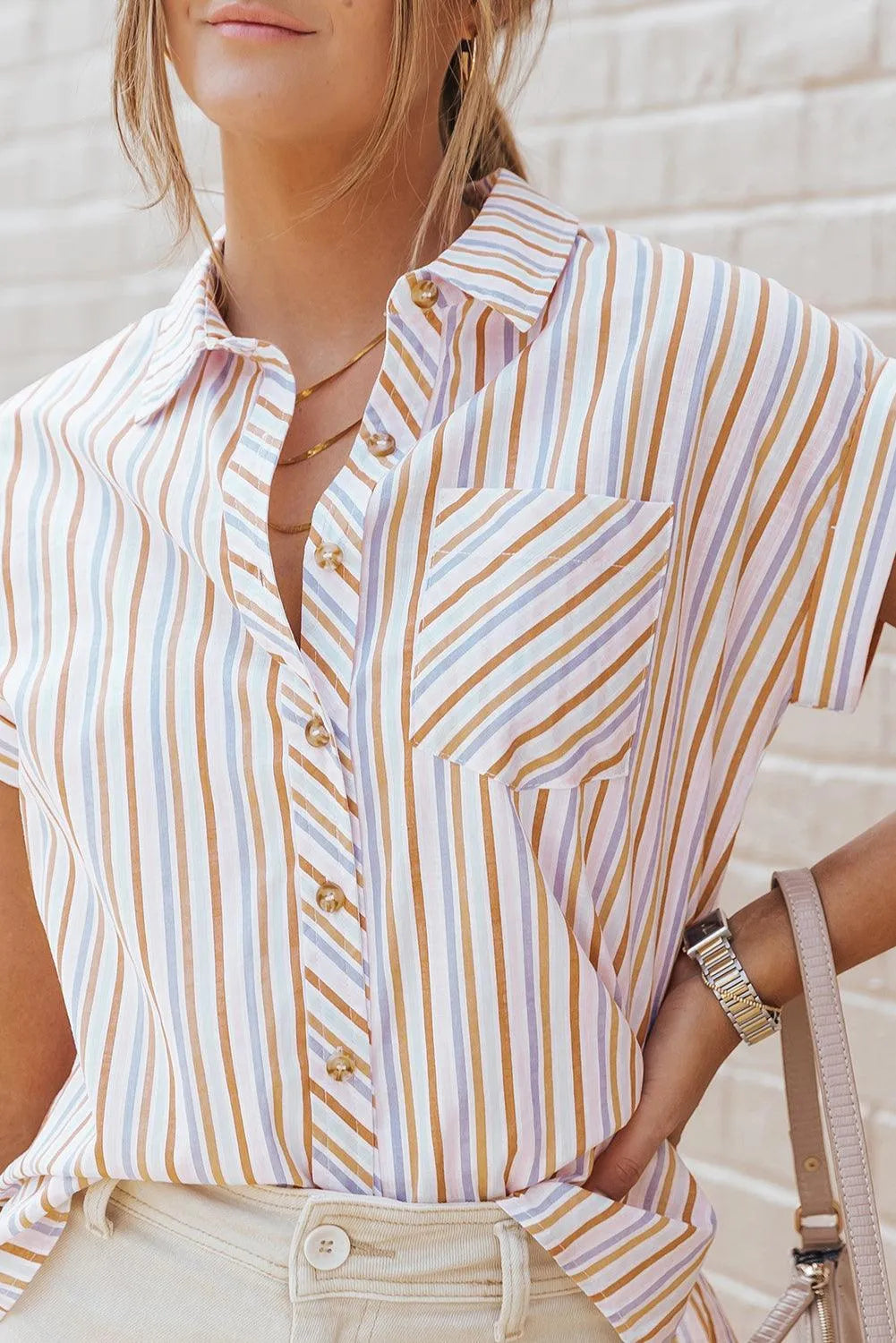 Pocketed Striped Collared Neck Short Sleeve Shirt - 6i6