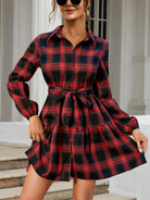 Tied Plaid Long Sleeve Mini Dress - 6i6