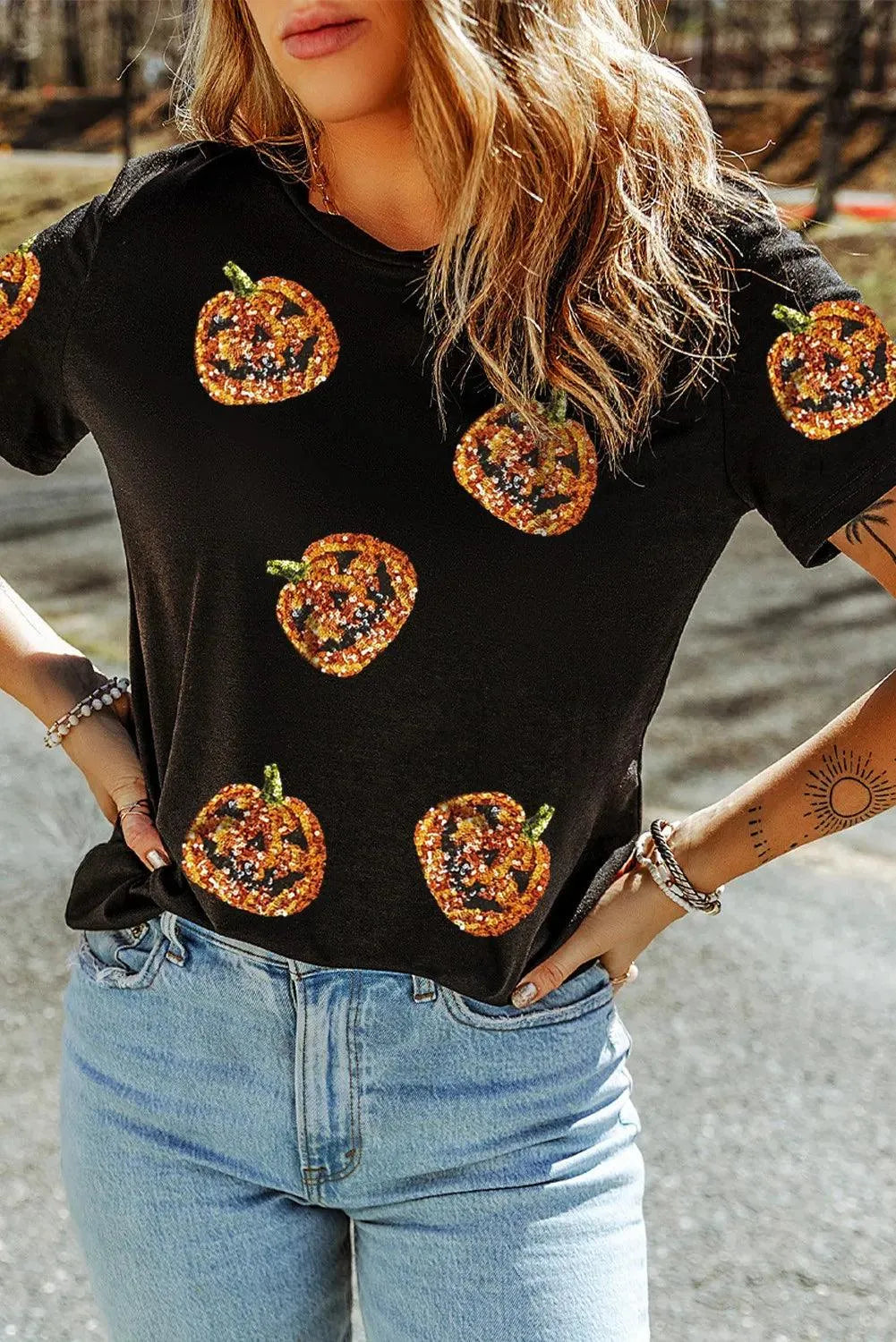 Sequin Pumpkin Round Neck Short Sleeve T-Shirt - 6i6