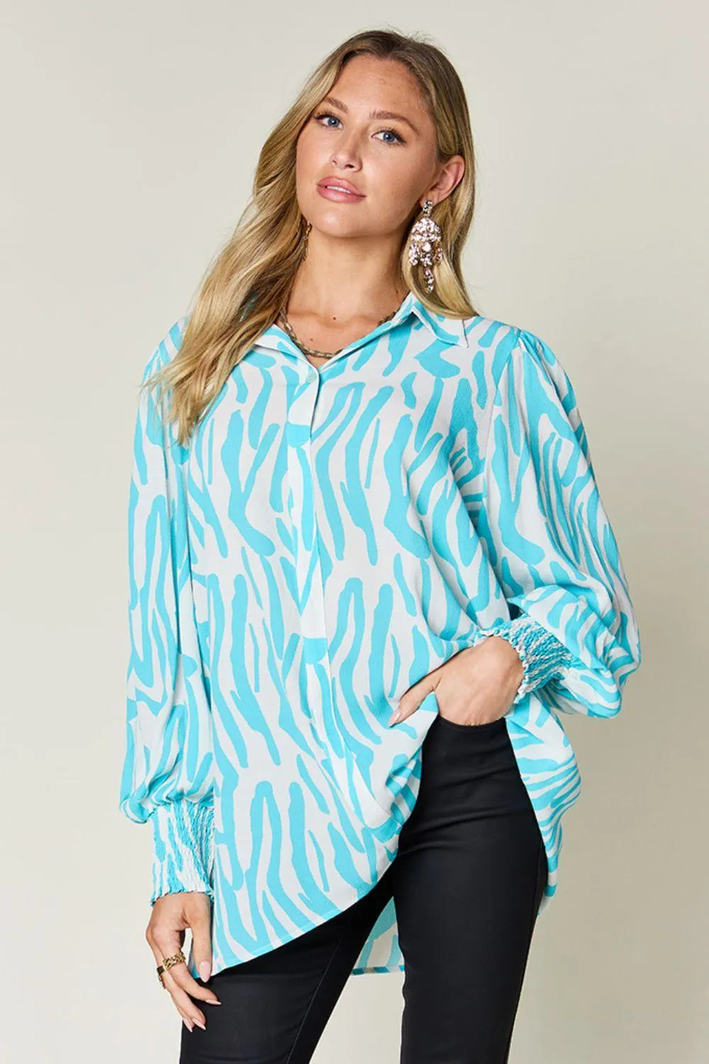 Double Take Full Size Printed Smocked Long Sleeve Blouse - 6i6