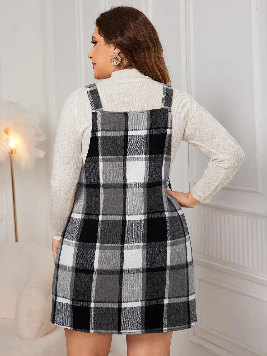 Plus Size Plaid Wide Strap Overall Dress - 6i6