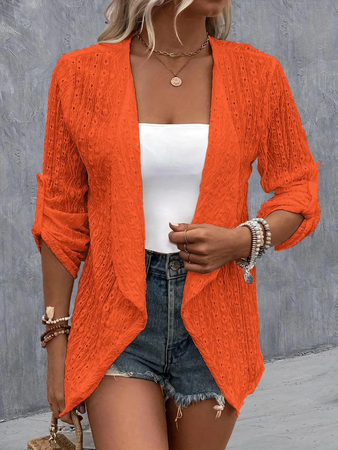 Eyelet Roll-Tab Sleeve Cardigan - 6i6