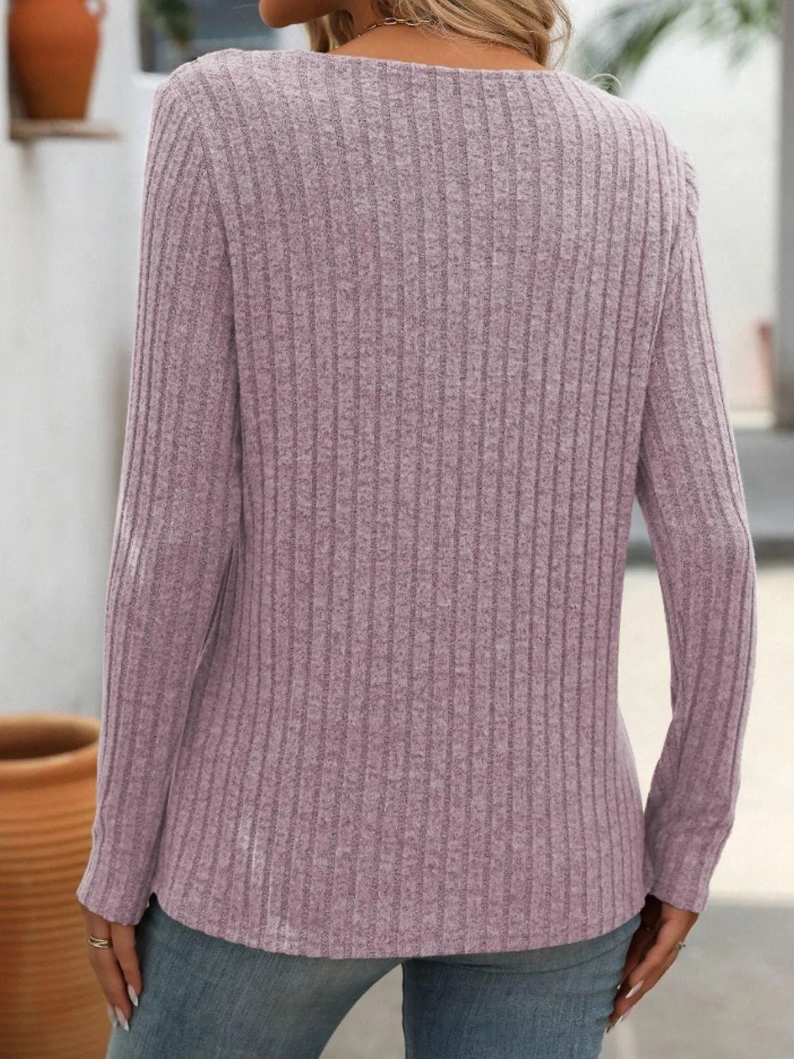 Ribbed V-Neck Long Sleeve T-Shirt - 6i6