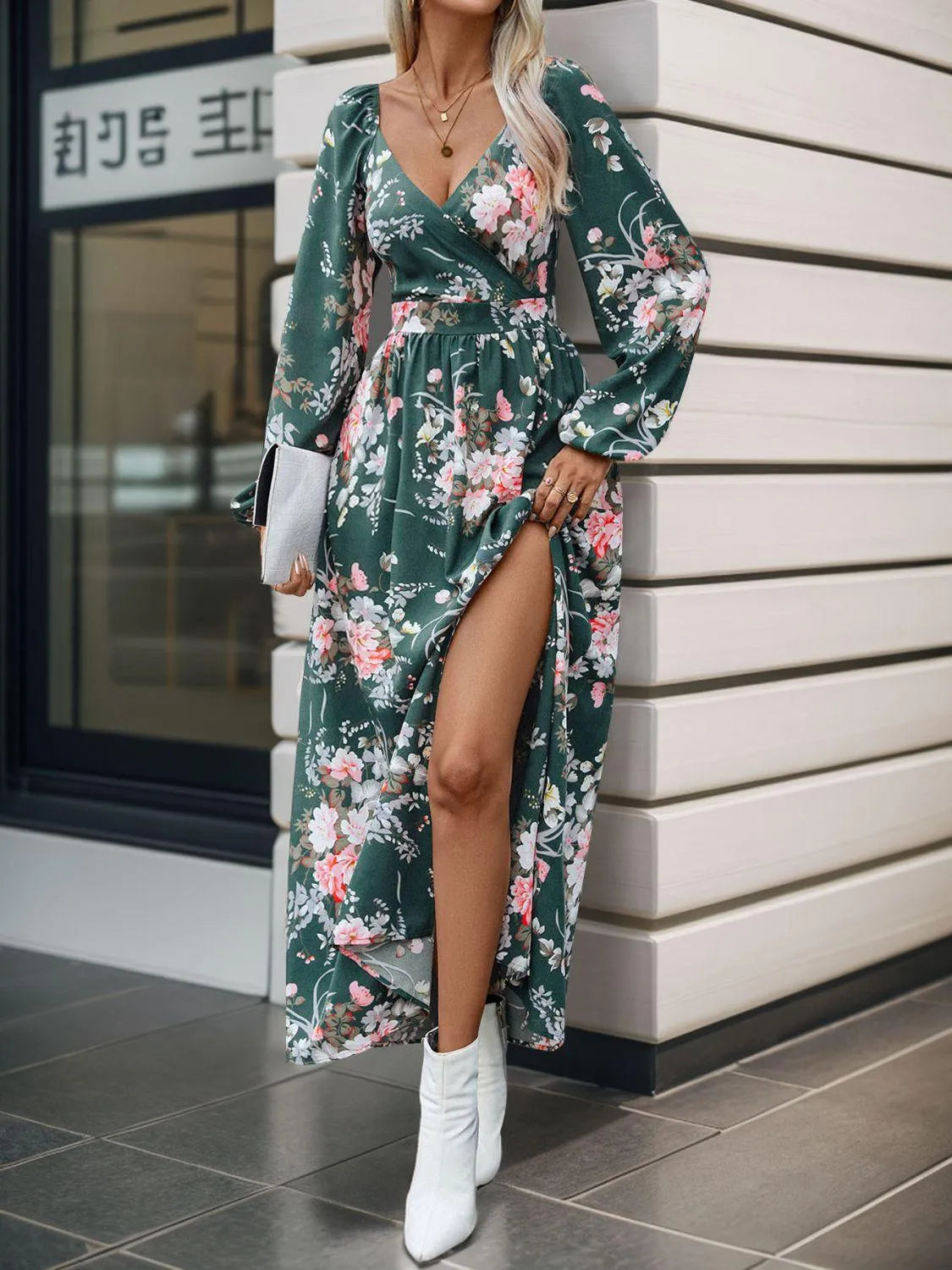 Slit Printed Surplice Long Sleeve Maxi Dress - 6i6