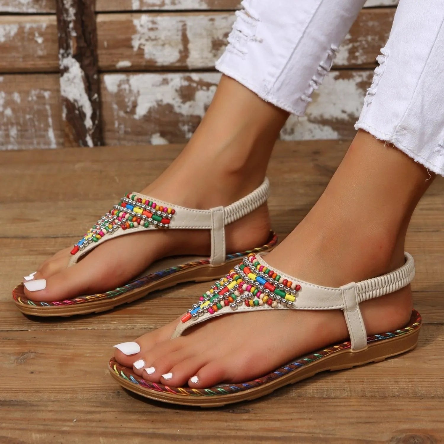 Beaded PU Leather Open Toe Sandals - 6i6