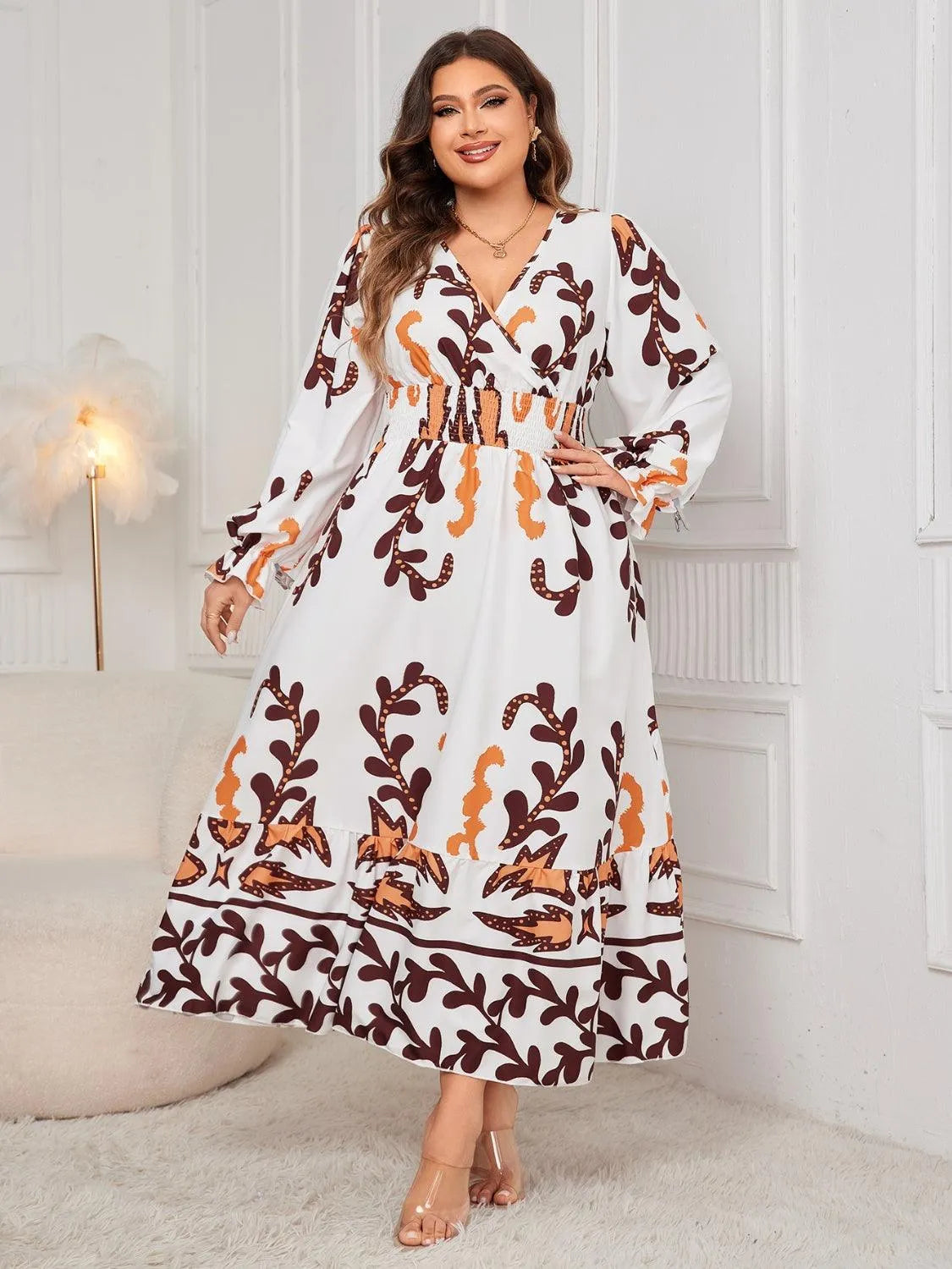 Plus Size Printed Surplice Flounce Sleeve Dress - 6i6