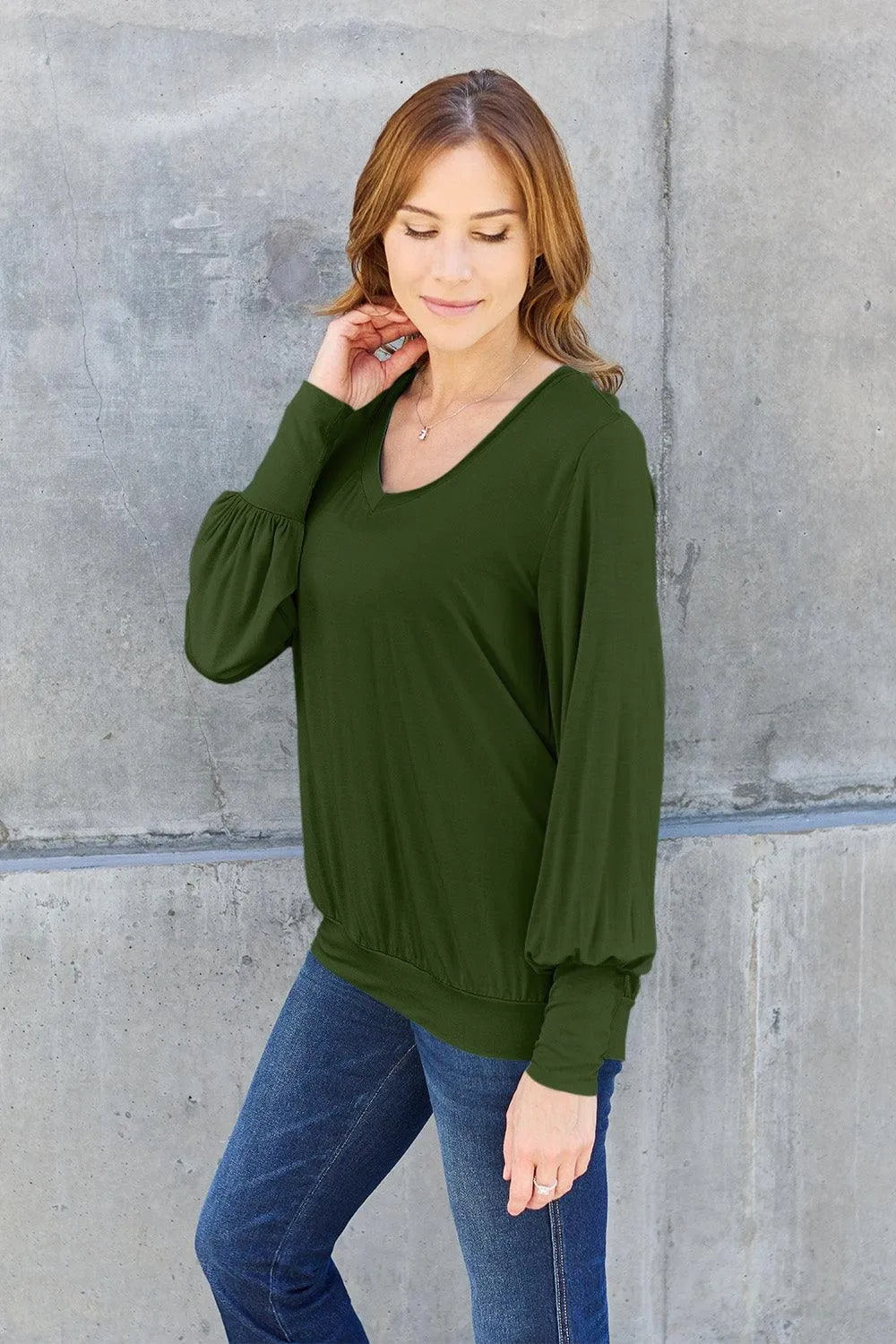 Basic Bae Full Size V-Neck Lantern Sleeve Top - 6i6